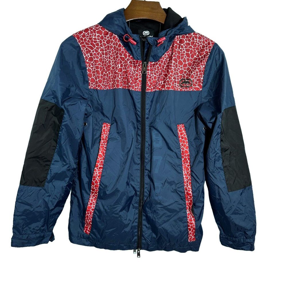 Ecko Unltd. Navy Red White Rhino Pattern Windbreaker Hood Size Small *FLAW*
